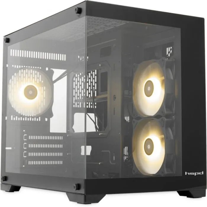 Корпус HSPD F330 (F330-TGBK-ARGB), без БП, Panoramic Mini-tower, Black, TG, 0.5 SPCC, 3x120mm ARGB mATX, mITX 160/400/200mm 1x2.5", 2x3.5", 4x