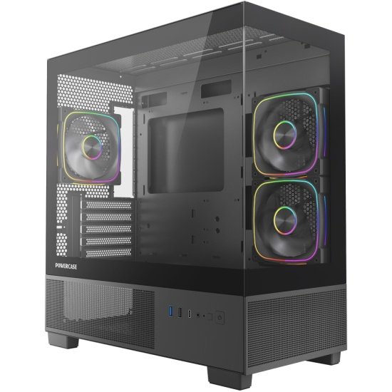 Корпус Powercase Vision Micro S4B (CVMMSHB-A3), Tempered Glass, Type-C, 3x 120mm ARGB PWM Fan, ARGB+PWM HUB, чёрный, mATX