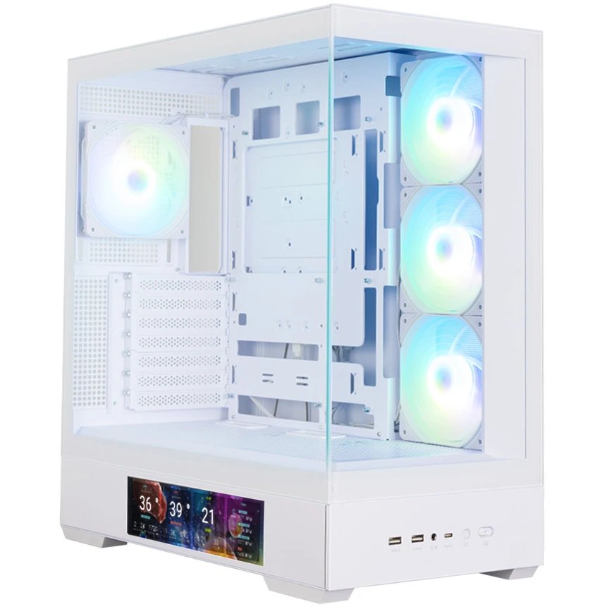 Корпус ZALMAN P40 DS, ATX, White, Window, 9.1-inch LCD screen, 2xCombo(2.5” or 3.5”), 1x2.5”, 1xUSB Type-C, 2xUSB3.0, Side 3x120mm ARGB, Rear 1x120mm