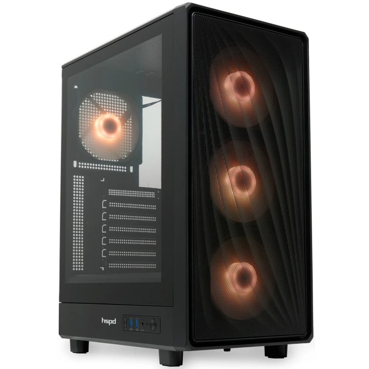 Корпус HSPD M510 (M510-TGBK-ARGB), без БП, Mesh Mid Tower, Black, TG, 0.5 SPCC, 4x120mm ARGB ATX, mITX 180/280/160mm 1x2.5", 7xPCI 2xUSB-A 3.0