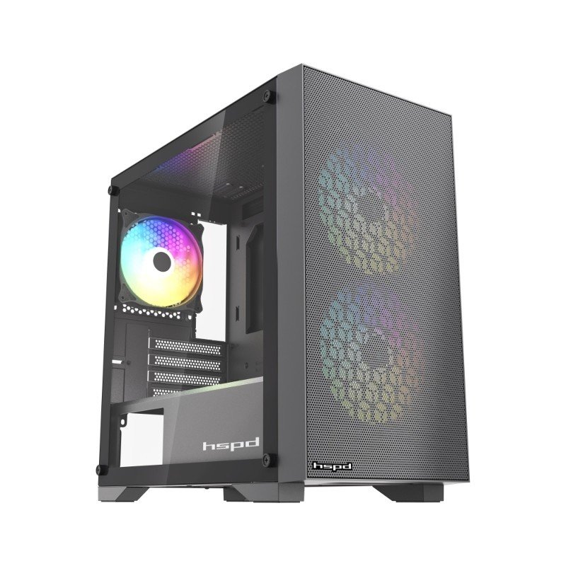 Корпус HSPD M334 (M334-TGBK-ARGB), без БП, Mesh Mini-tower, Black, TG, 0.45 SPCC, 2x140mm ARGB + 1x120mm mATX, mITX 160/340/184mm 2x2.5"