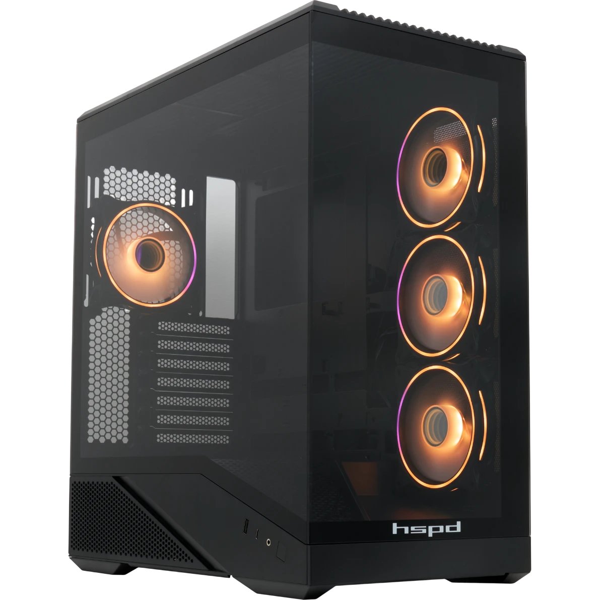 Корпус HSPD F711 (F711-TGBK- ARGB), без БП, Panoramic Full Tower, Black, TG, 0.7 SPCC, 4x120mm ATX, mITX 190/420/280mm 2x2.5", 7xPCI 1xUS