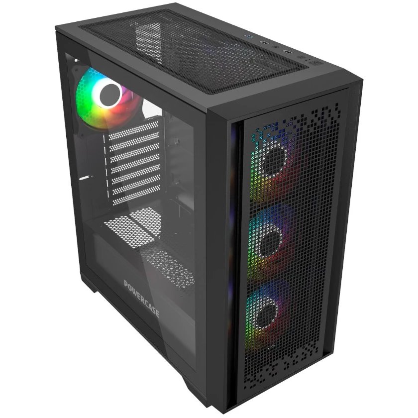 Корпус Powercase ByteFlow Black (CBFB-A4), Tempered Glass, 4x 120mm ARGB fans, ARGB HUB, чёрный, ATX