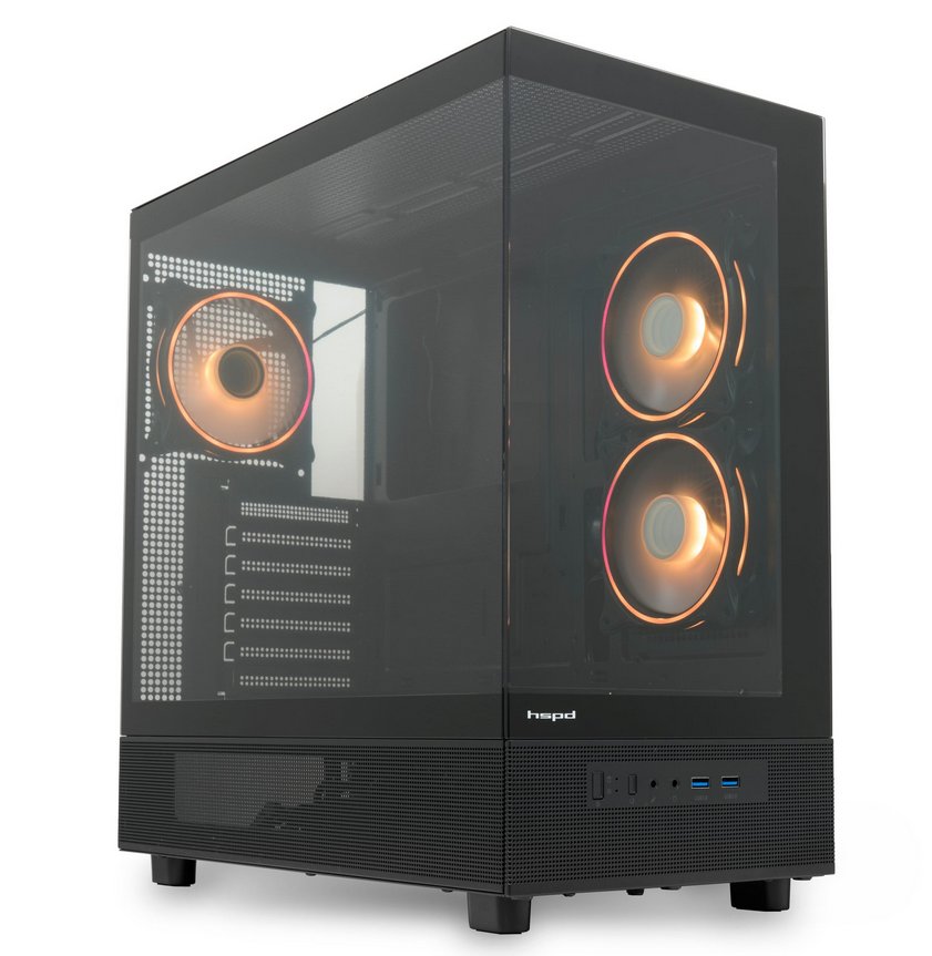 Корпус HSPD F710 (F710-TGBK-ARGB), без БП, Panoramic Mid Tower, Black, TG, 0.5 SPCC, 3x120mm ARGB E-ATX, ATX, mITX 185/395/270mm 2x2.5", 1x3.5