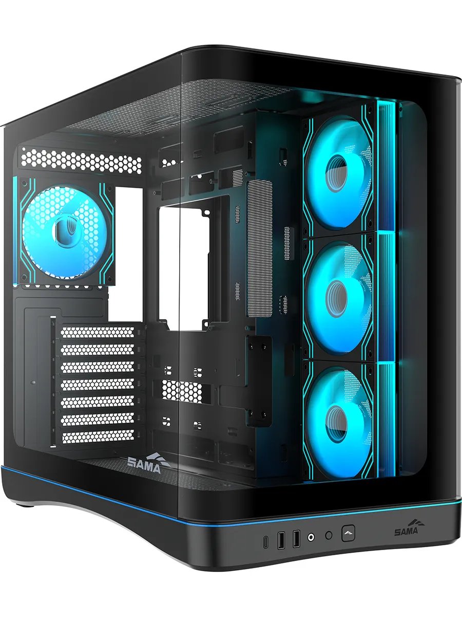 Корпус SAMA V62S Black (V62S-BKADA4X1-GL), без БП, Midi-Tower, TG, 4x120mm ARGB, 2xUSB 3.0 + 1xUSB 3.2 Type-C, ATX, mITX