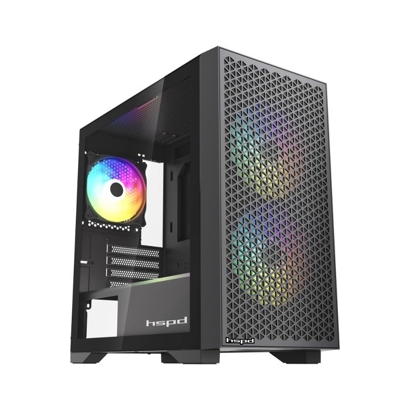 Корпус HSPD M335 (M335-TGBK-ARGB), без БП, Mesh Mini-tower, Black, TG, 0.45 SPCC, 2x140mm ARGB + 1x120mm mATX, mITX 160/340/184mm 2x2.5"