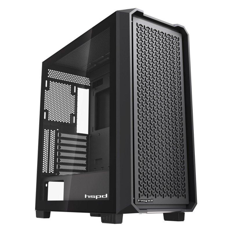 Корпус HSPD F750 (F750-TGBK), без БП, Mesh Mid Tower, Black, TG, 0.6 SPCC, no fans, ATX, mITX 160/405/160mm 3x2.5", 2x3.5", 7xPCI 1xUSB-A