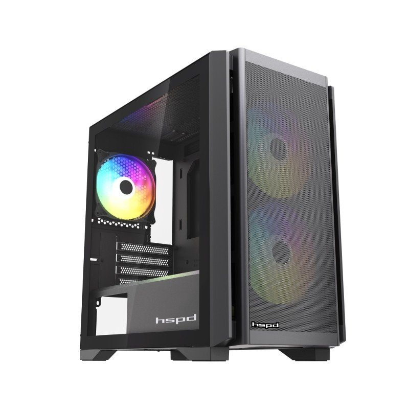 Корпус HSPD M336 (M336-TGBK-ARGB), без БП, Mesh Mini-tower, Black, TG, 0.45 SPCC, 2x140mm ARGB + 1x120mm mATX, mITX 160/340/184mm 2x2.5"