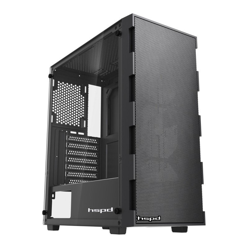 Корпус HSPD M550 (M550-TGBK), без БП, Mesh Mid Tower, Black, TG, 0.45 SPCC, no fans ATX, mITX 160/340/200mm 2x2.5", 7xPCI 1xUSB-A 3.0