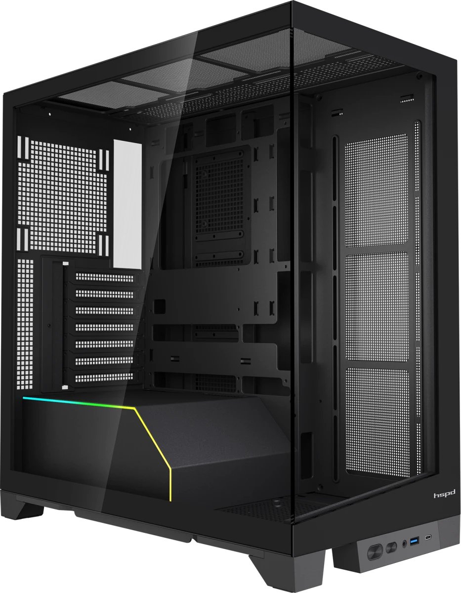 Корпус HSPD F550 (F550-TGBK), без БП, Mid Tower, Black, TG, 0.7 SPCC, no fans ATX, mITX 185/420/200mm 3x2.5"
