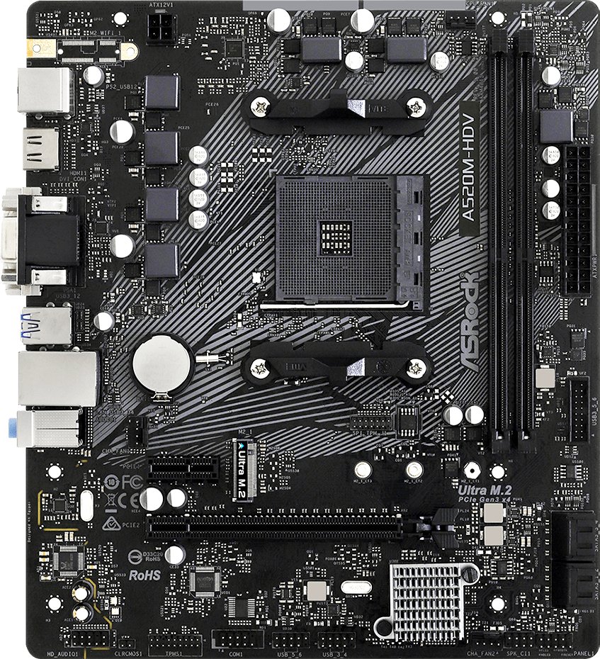 MB sAM4 ASRock A520M-HDV, AMD A520, 2xDDR4-3200, D-SUB+DVI-D+HDMI, 1xPCI-Ex16, 1xPCI-Ex1, 4xSATA3(RAID 0/1/10), 1xM.2, 8 Ch Audio, GLan, (2+4)xUSB2.0, (4+2)xUSB3.2, 1xPS/2, mATX, RTL