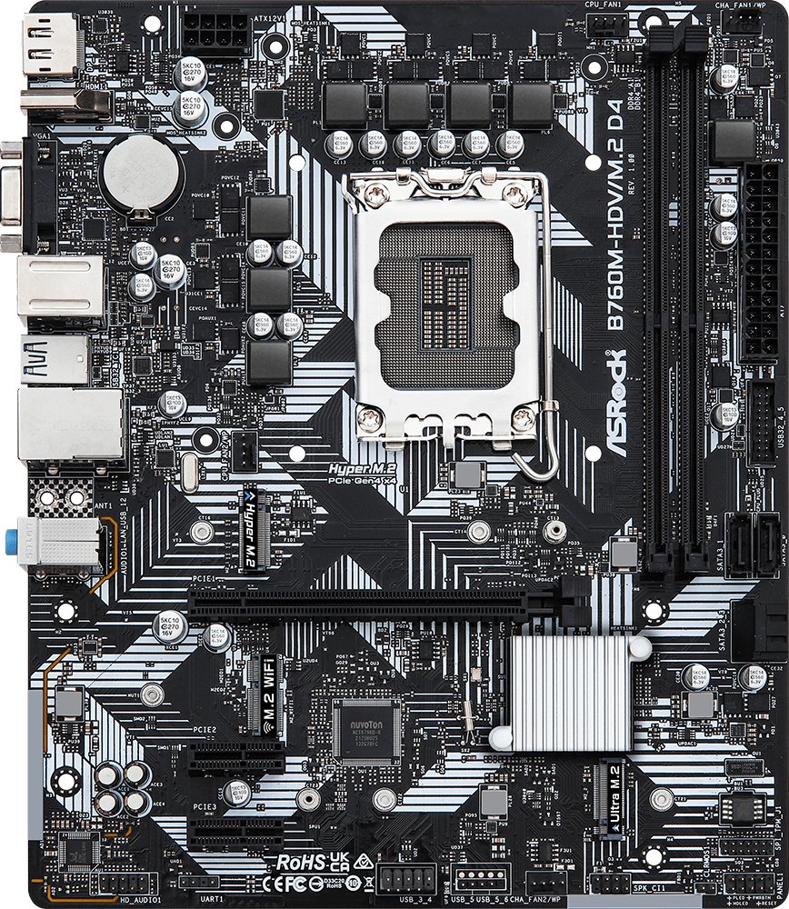 MB s1700 ASRock B760M-HDV/M.2 D4 Intel B760, 2xDDR4-3200 МГц, 1xPCI-Ex16, 2xM.2, Micro-ATX