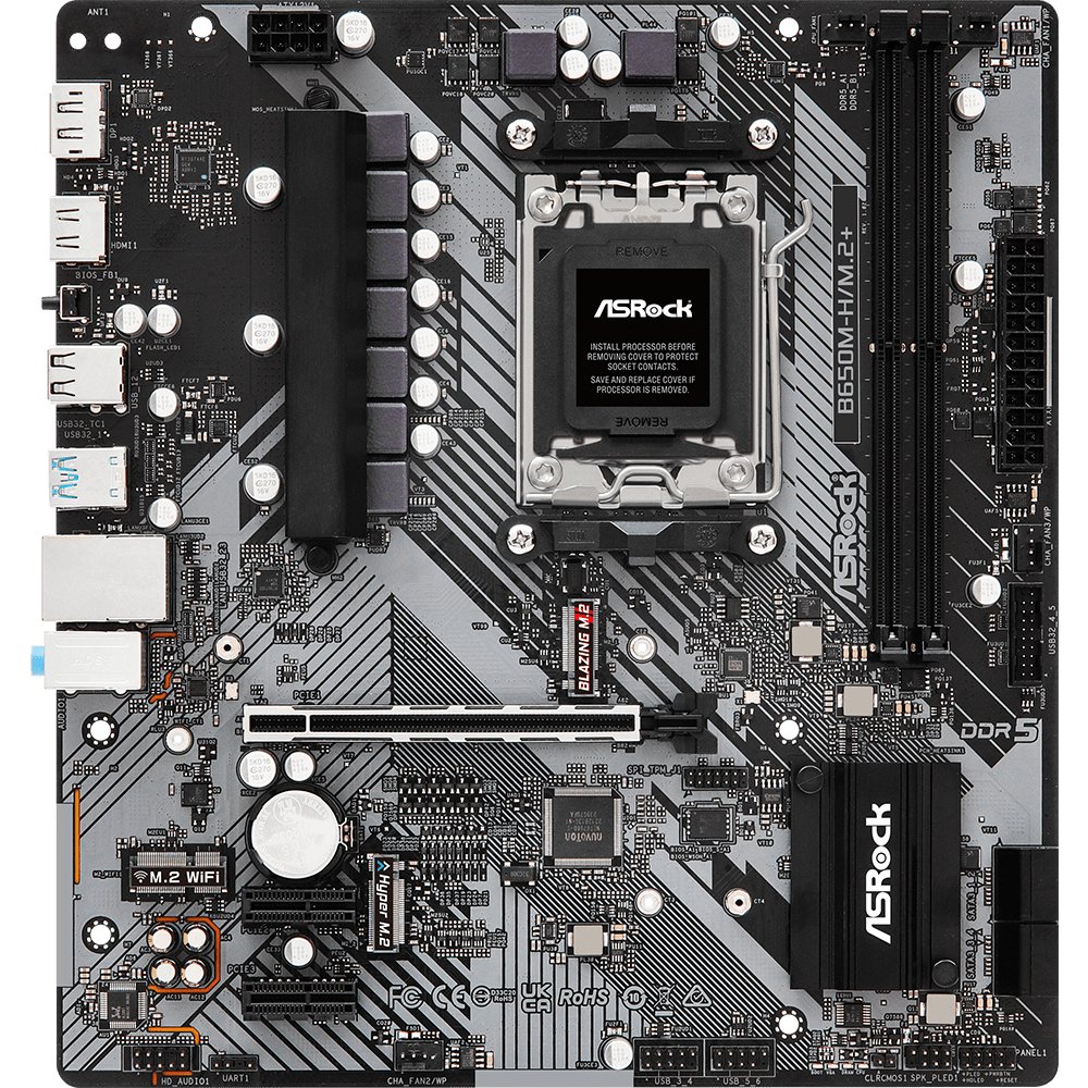 MB sAM5 ASRock B650M-H/M.2+, AMD B650, 2xDDR5-5200, HDMI+DP, 1xPCI-Ex16, 2xPCI-Ex1, 4xSATA3(RAID 0/1/10), 2xM.2, 8 Ch Audio, 1x2.5GLan, (2+4)xUSB2.0, (3+2)xUSB3.2, (1+0)xUSB3.2 Type-C™, mATX, RTL