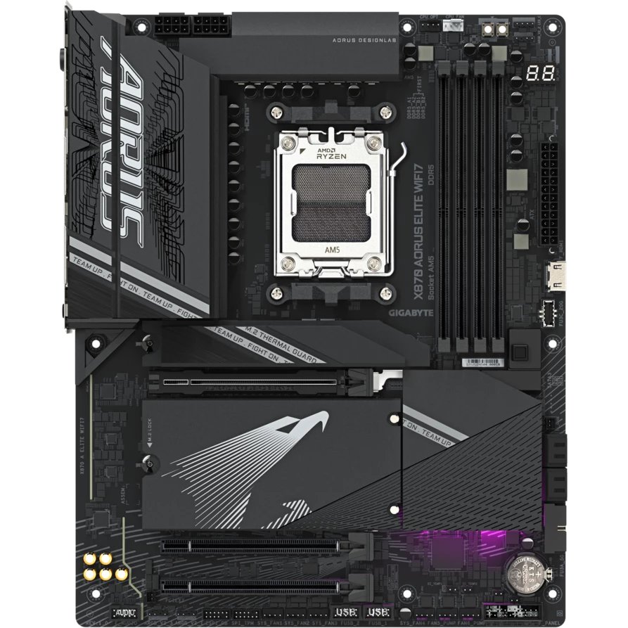 MB sAM5 Gigabyte X870 Aorus Elite Wifi7, AMD X870, 4xDDR5-5200 МГц, 3xPCI-Ex16, 4xM.2, Standard-ATX