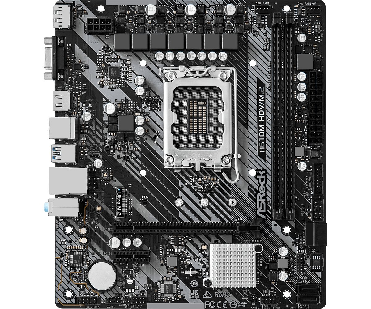 MB s1700 ASRock H610M-HDV/M.2 R2.0, Intel®H610, 2xDDR4-3200, D-SUB+HDMI+DP, 1xPCI-Ex16, 1xPCI-Ex1, 4xSATA3, 1xM.2, 8 Ch Audio, 1xGLan, (4+2)xUSB2.0, (2+2)xUSB3.2, 1xPS/2, mATX, RTL
