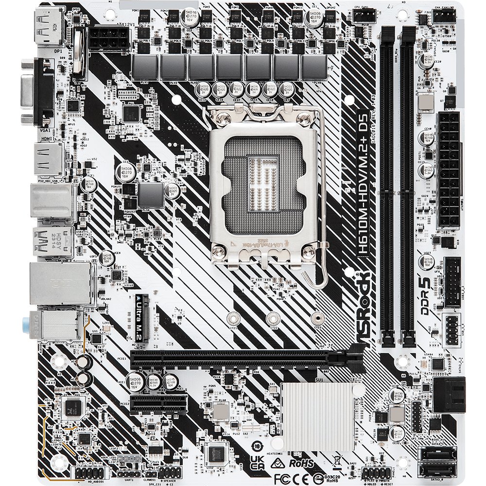 MB s1700 ASRock H610M-HDV/M.2+ D5, Intel®H610, 2xDDR5-4800, D-SUB+HDMI+DP, 1xPCI-Ex16, 1xPCI-Ex1, 4xSATA3, 1xM.2, 8Ch Audio, GLan, (4+2)xUSB2.0, (1+2)xUSB3.2, (1+0)xUSB3.2 Type-C™, 1xPS/2, mATX, RTL