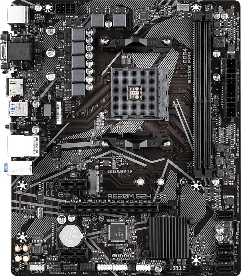 MB sAM4 Gigabyte A520M S2H, AMD A520, 2xDDR4-3200, D-SUB+DVI-D+HDMI, 1xPCI-Ex16, 2xPCI-Ex1, 4xSATA3(RAID 0/1/10), 1xM.2, 8 Ch Audio, GLan, (2+4)xUSB2.0
