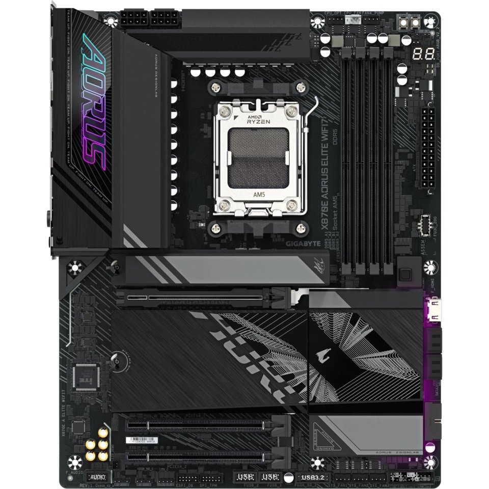 MB sAM5 Gigabyte X870E Aorus Elite Wifi7, AMD X870E, 4xDDR5-5200 МГц, 3xPCI-Ex16, 4xM.2, Standard-ATX