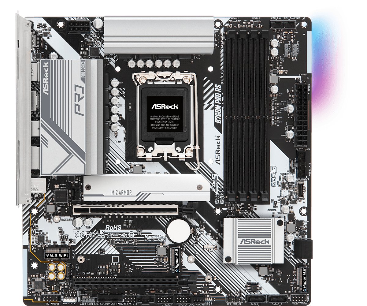 MB s1700 ASRock B760M Pro RS Intel B760, 4xDDR5-4800 МГц, 2xPCI-Ex16, 3xM.2, Micro-ATX