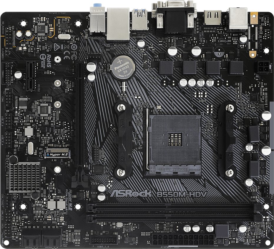 MB sAM4 Asrock B550M-HDV, AMD B550, 2xDDR4-3200, D-SUB+DVI-D+HDMI, 1xPCI-Ex16, 1xPCI-Ex1, 4xSATA3(RAID 0/1/10), 1xM.2, 8 Ch Audio, 1xGLan