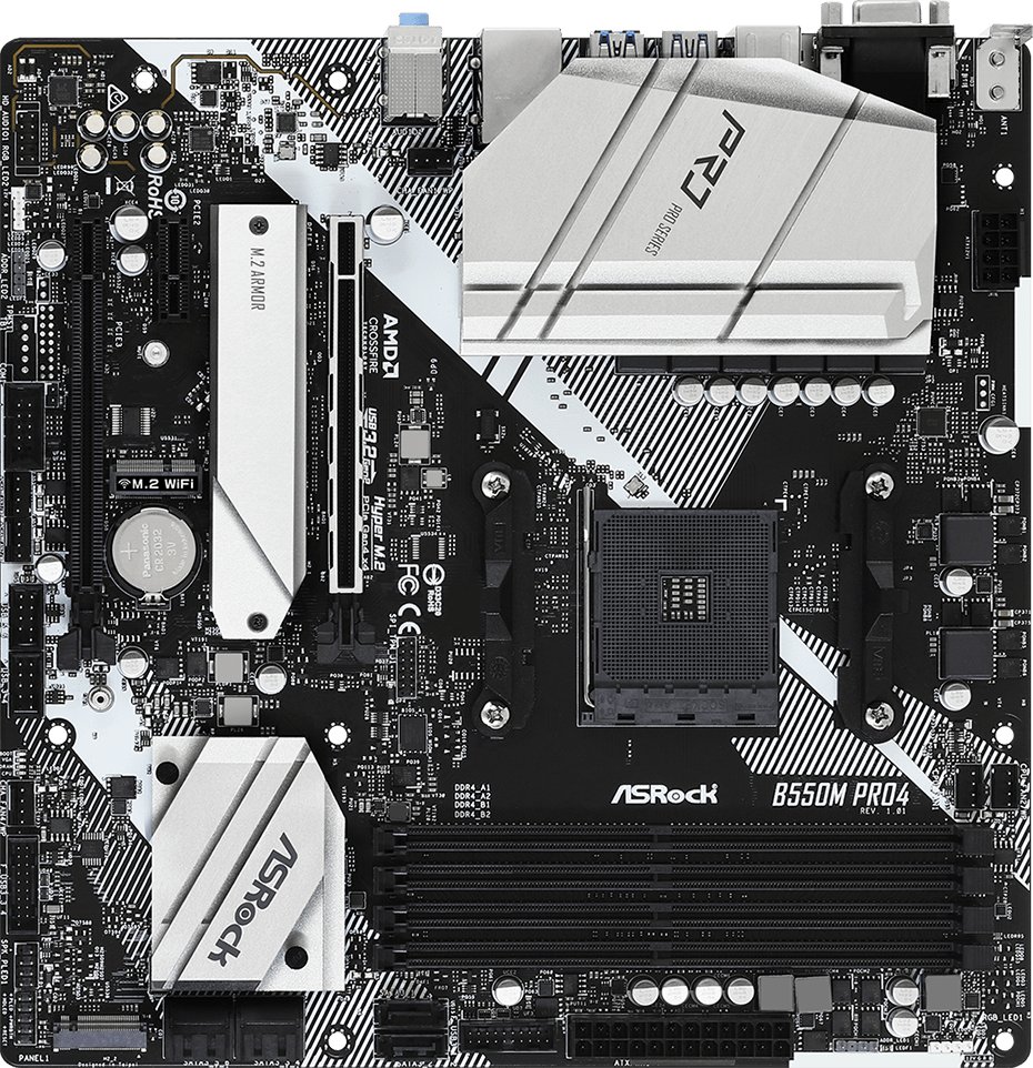 MB sAM4 ASRock B550M PRO4, AMD B550, 4xDDR4-3200, D-SUB+HDMI+DP, 2xPCI-Ex16, 1xPCI-Ex1, 6xSATA3(RAID 0/1/10), 2xM.2, 8 Ch Audio, 1xGLan, (2+4)xUSB2.0, (5+4)xUSB3.2, (1+0)xUSB3.2 Type-C™, 1xPS/2, mATX, RTL
