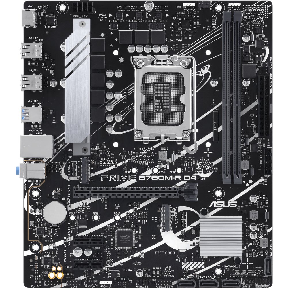MB s1700 ASUS PRIME B760M-R D4, Intel B760, 2xDDR4-3200 МГц, 1xPCI-Ex16, 2xM.2, Micro-ATX