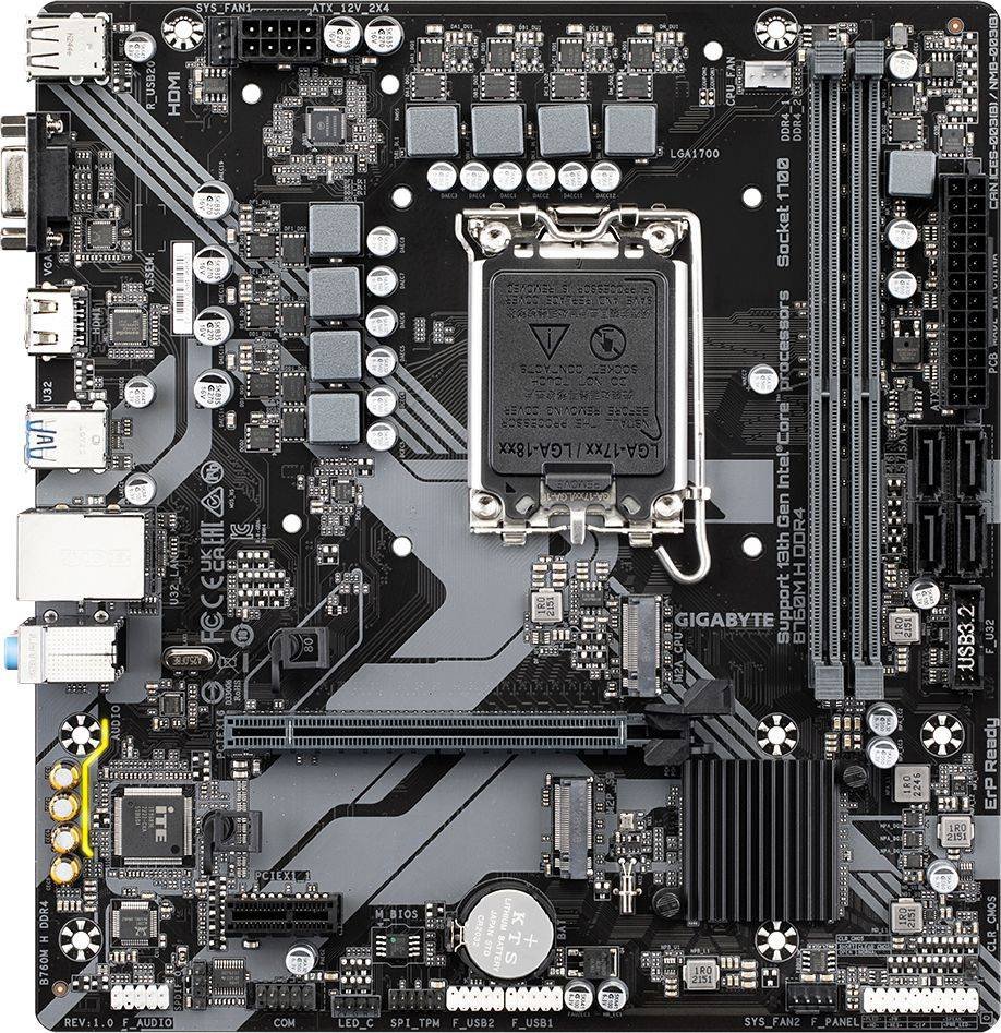 MB s1700 Gigabyte B760M H DDR4, Intel B760, 2xDDR4-3200 МГц, 1xPCI-Ex16, 2xM.2, Micro-ATX