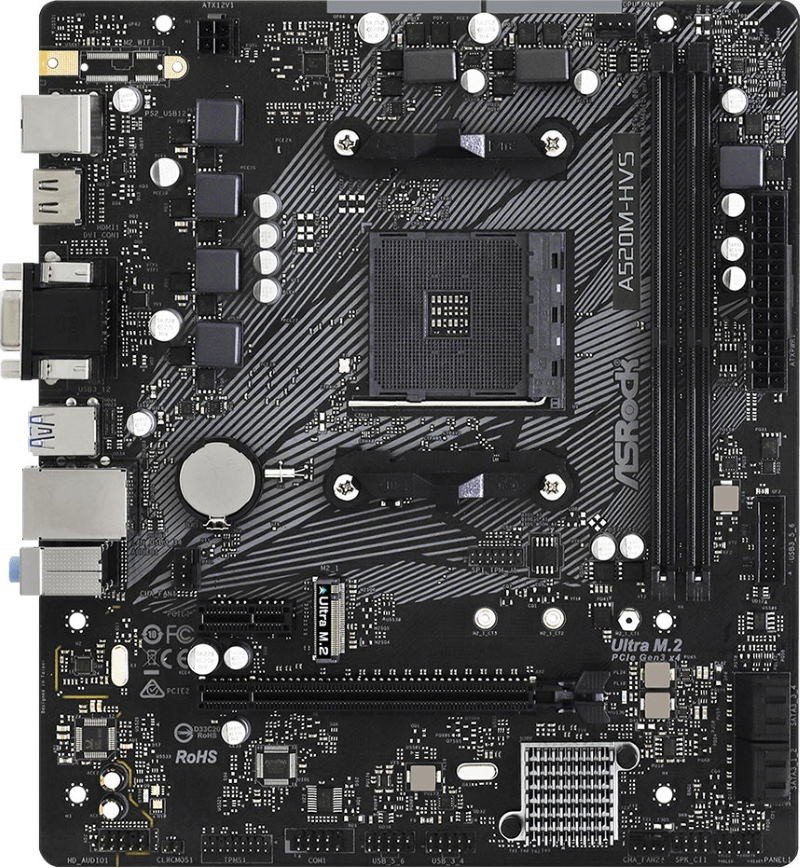 MB sAM4 Asrock A520M-HVS, mATX, AMD A520, 2xDDR4, 1xPCI-E3.0x16/2xPCI-E2.0x1, 4xSATA3/1xM.2, RTL8118AS GLAN, ALC887, 4xUSB3.1/2xUSB2.0, HDMI/DVI-D