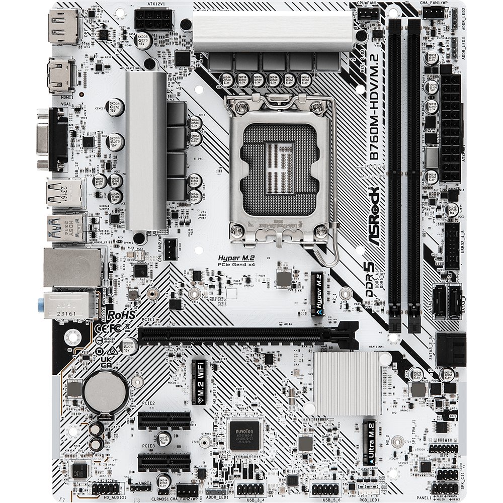 MB s1700 ASRock B760M-HDV/M.2, Intel®B760, 2xDDR5-4800, D-SUB+HDMI+DP, 1xPCI-Ex16, 2xPCI-Ex1, 4xSATA3(RAID 0/1/5/10), 2xM.2, 8 Ch Audio, 1x2.5GLan, (2+4)xUSB2.0, (3+2)xUSB3.2, (1+0)xUSB3.2 Type-C™, 1xPS/2 mATX, RTL