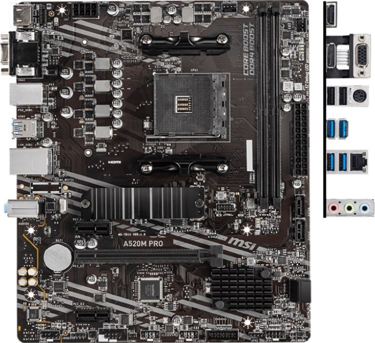 Материнская плата MSI A520M PRO, AMD A520, 2xDDR4-4600, HDMI/DP/VGA, 1xPCI-Ex16, 2xPCI-Ex1, 4xSATA3, 1xM.2, Glan, 6xUSB2.0, 6xUSB3.2, 1xPS/2
