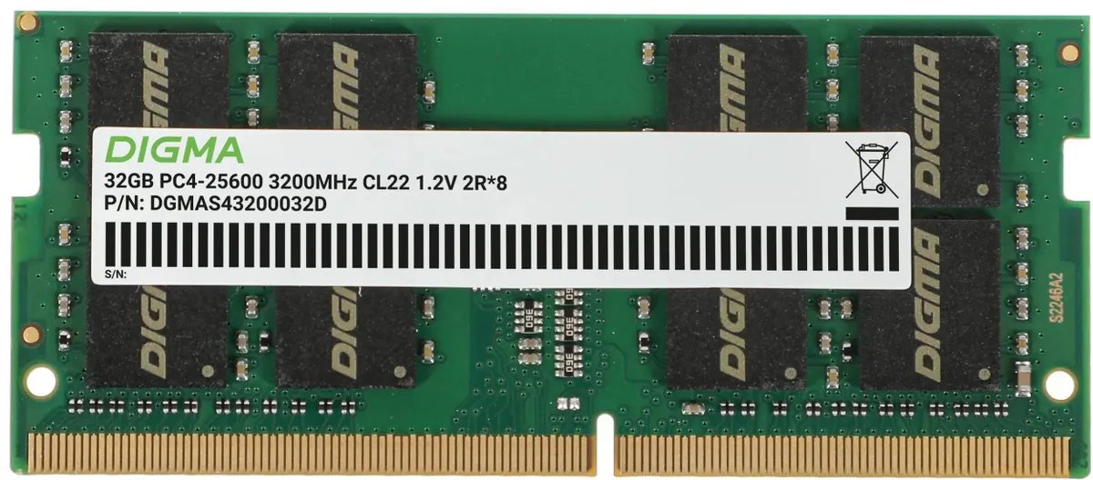 ОЗУ Digma DGMAS43200032D DDR4 32GB 3200MHzRTL PC4-25600 CL22 SO-DIMM 260-pin 1.2В dual rank Ret