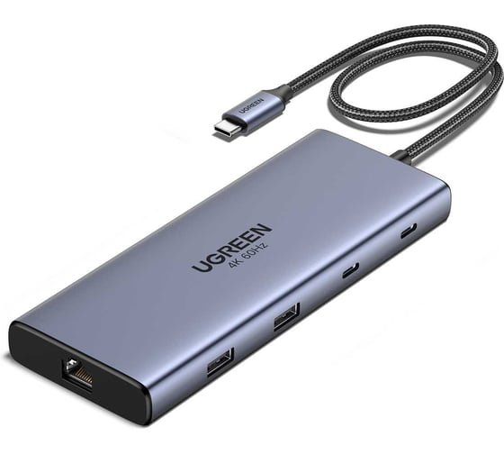 Конвертер UGREEN CM639 (45380) 10-in-1 4K 60Hz USB-C to USB-A 3.2+USB-A 3.0+2*USB-C 3.2+2*HDMI+RJ45 Gigabit+SD&TF +PD port Converter серый