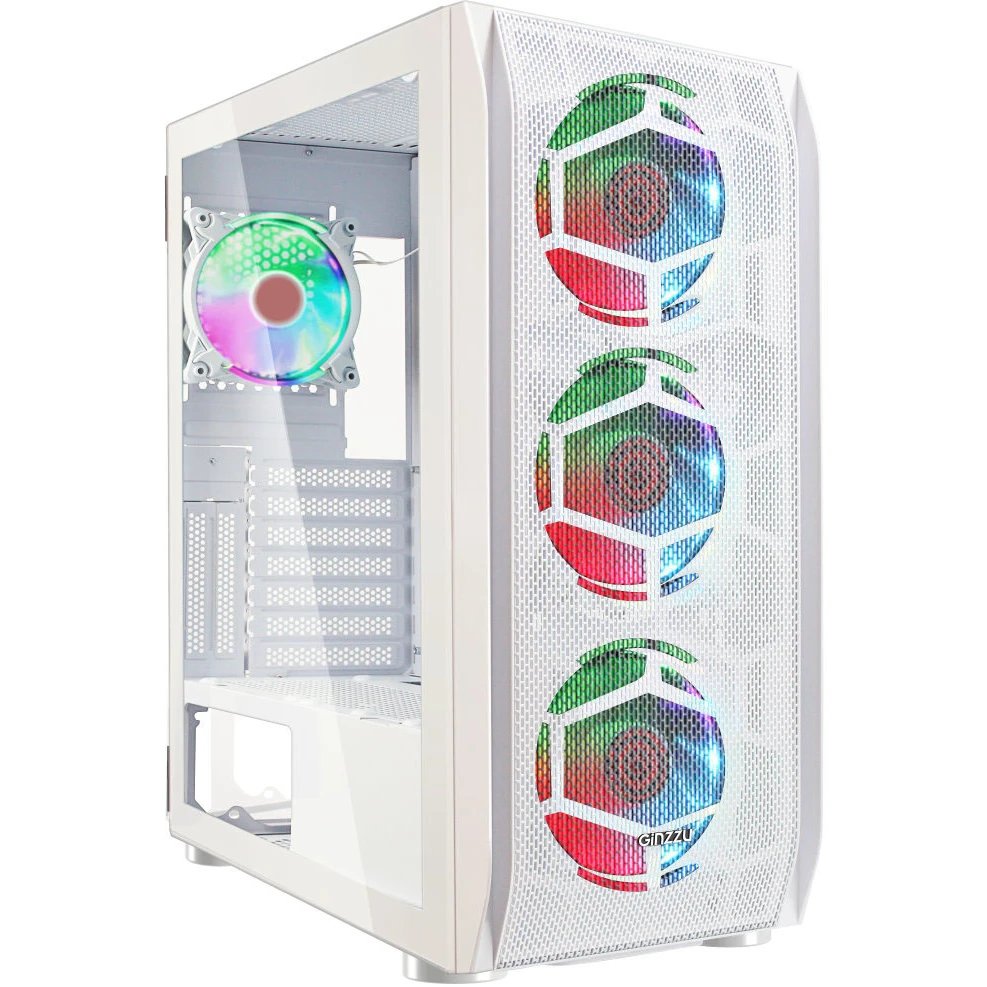 Корпус Ginzzu GL 390 боковая дверца закаленное стекло на петлях на магнитах, controller CRC10, 4* 12R6W Fan 12см RGB белый