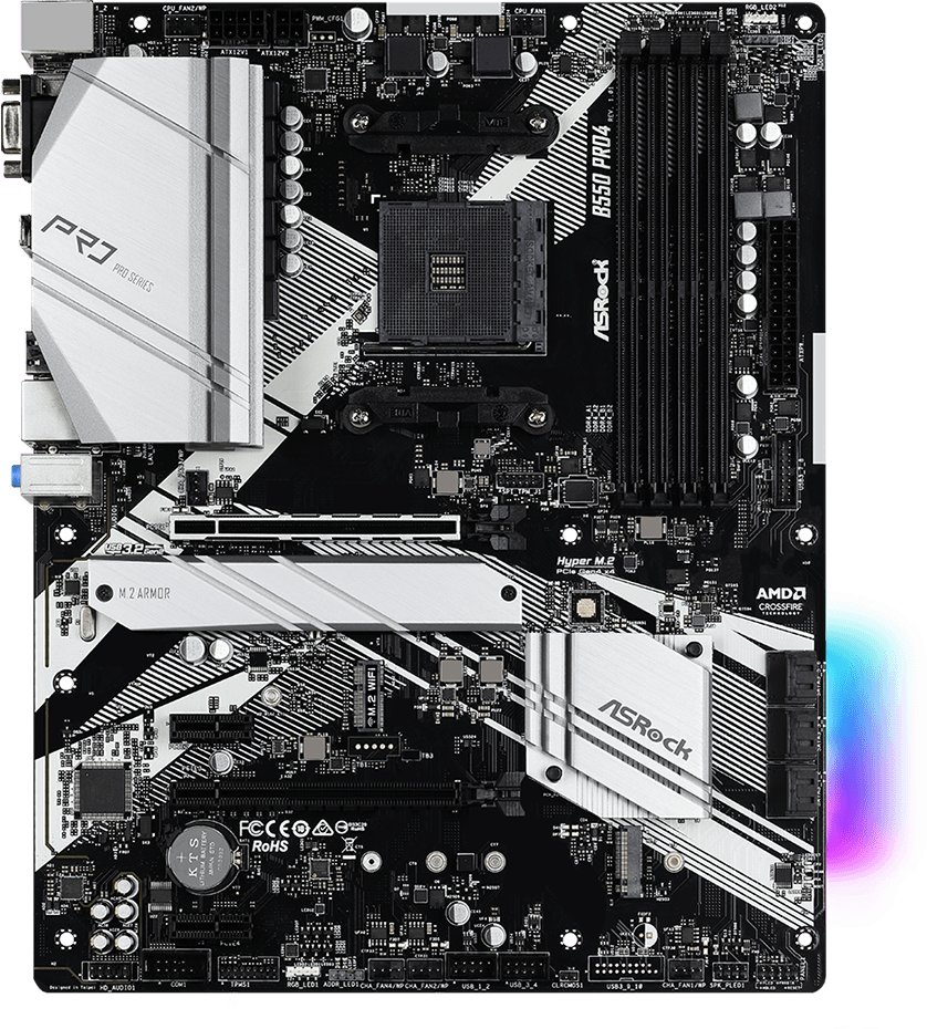 MB sAM4 ASRock B550 PRO4 AMD B550, 4xDDR4-3200, D-SUB+HDMI, 2xPCI-Ex16, 2xPCI-Ex1, 6xSATA3(RAID 0/1/10), 2xM.2, 8 Ch Audio, 1xGLan, (0+4)xUSB2.0, (5+2)xUSB3.2, (1+0)xUSB3.2 Type-C™, 1xPS/2, ATX, RTL