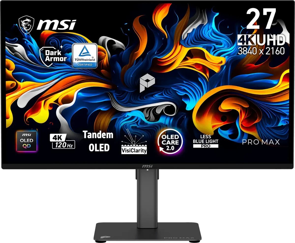 Монитор MSI Pro Max 271UPX12G (9S6-3PF8CA-020) QD-OLED, 3840x2160, 120Hz, 0,03ms, 250сd/m, 1500000:1 | 2xHDMI(2.1) DP(1.4a) Type-C(PD-15W) HAS, Pivot