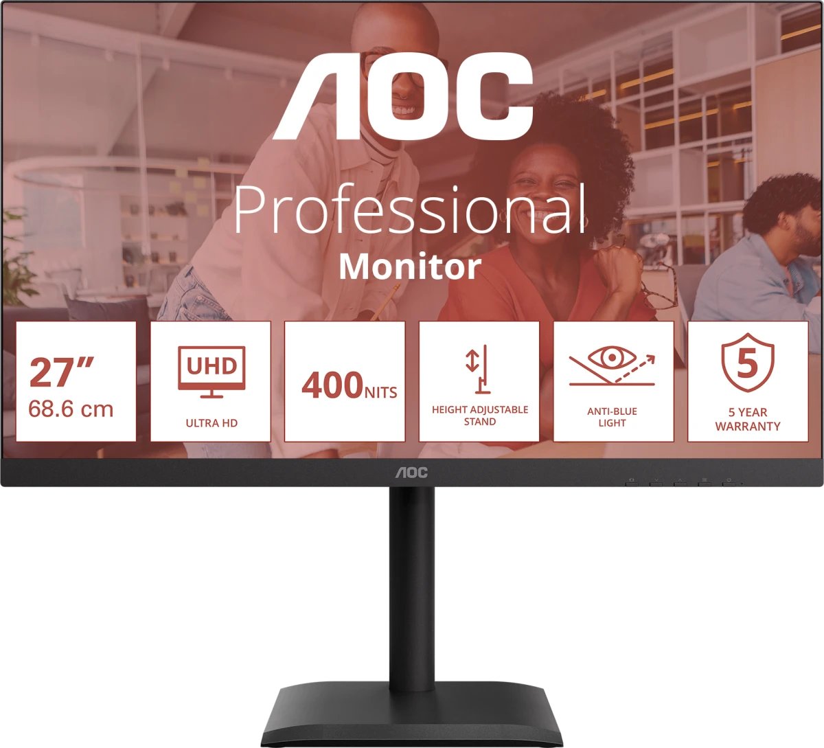 Монитор AOC U27E4CV Black 4K, IPS, 3840x2160, 60Hz, 4 ms, 178гр./178гр., 400 cd/m, +2xHDMI 2.0, +DisplayPort 1.4, DP Out, USB, USB-C, LAN, SPK