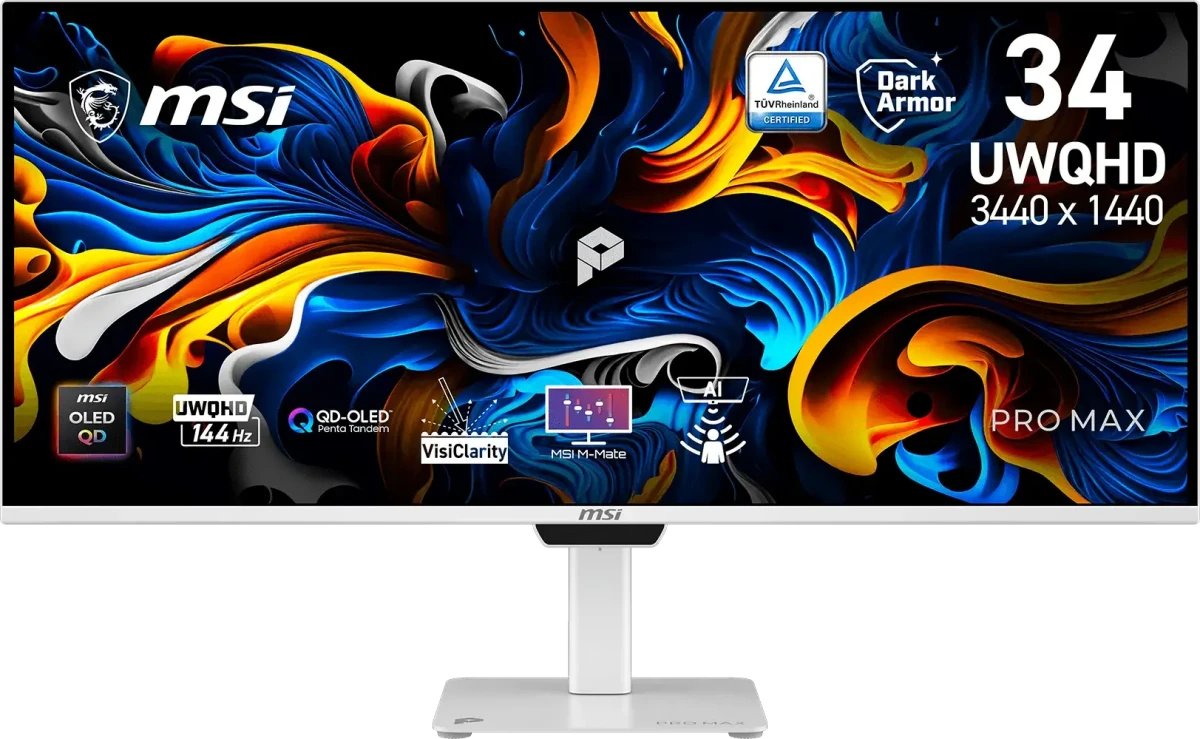 Монитор MSI Max 341QPXW14G (9S6-3PFB9T-011) белый QD OLED LED 21:9 HDMI полуматовая HAS 250cd 178гр/178гр 3440x1440 144Hz DP UW USB 8.9кг