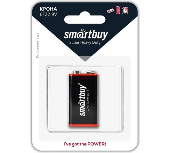 Батарейка Smartbuy 6F22, 9V, солевая (SBBZ-9V01B) блистер 1 шт