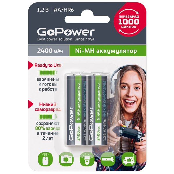 Аккумулятор предзаряженный RTU GoPower HR6 AA BL2 NI-MH 2400mAh (2/20/240)