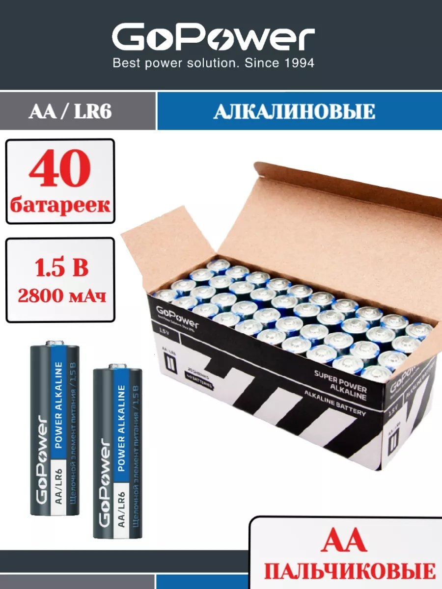 Батарейка GoPower LR6 AA Shrink 2 Alkaline 1.5V (2/40/800)