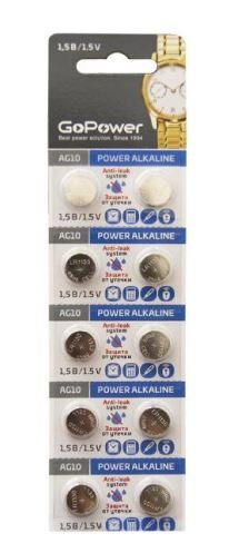 Батарейка GoPower G10/LR1130/LR54/389A/189 BL10 Alkaline 1.5V (10/1000/3600)