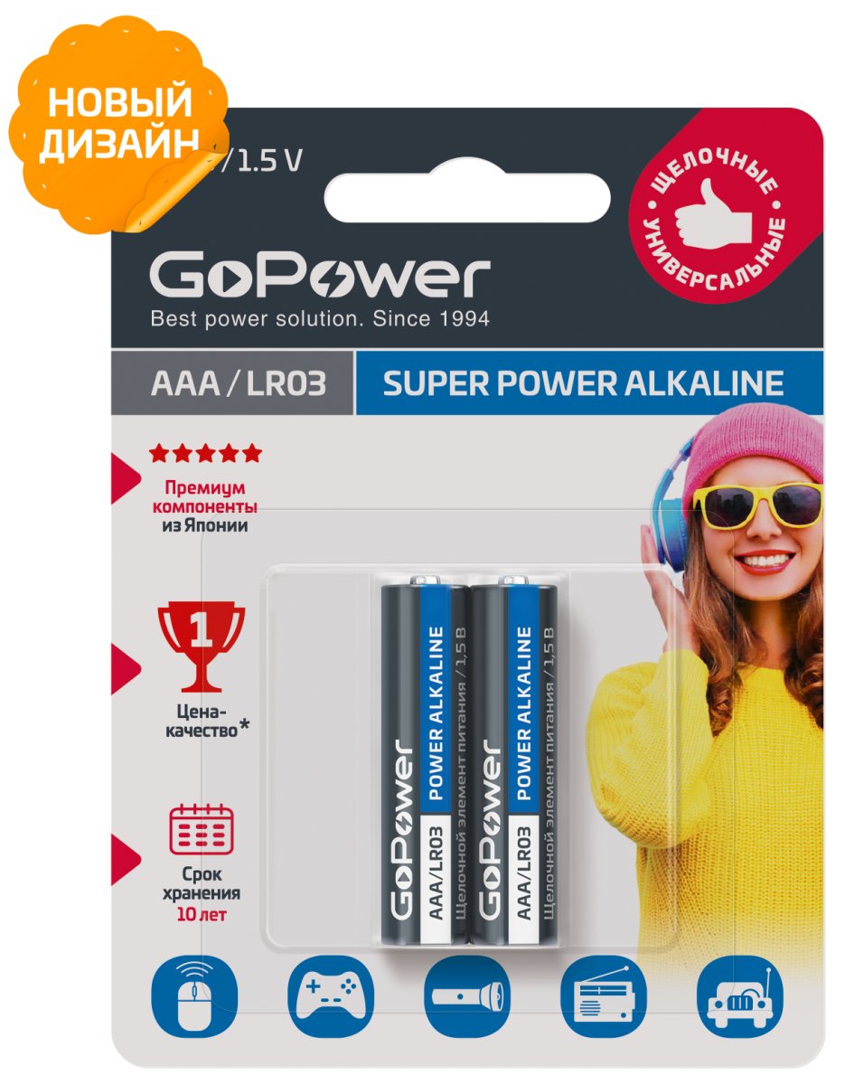Батарейка GoPower LR03 AAA BL2 Alkaline 1.5V (2/24/480)
