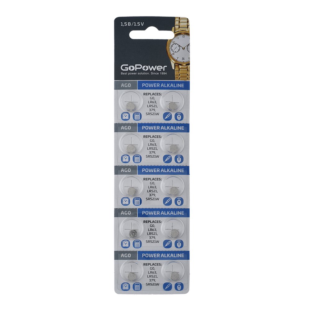 Батарейка GoPower G0/LR521/LR63/LR50/379A/179 BL10 Alkaline 1.55V (10/100/3600)