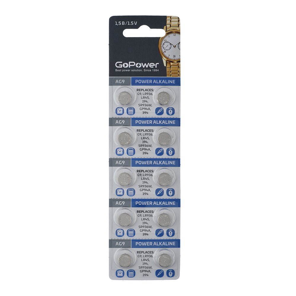 Батарейка GoPower G9/LR936/LR45/394A/194 BL10 Alkaline 1.55V (10/100/3600)