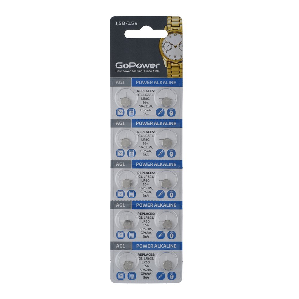 Батарейка GoPower G1/LR621/LR60/364A/164 BL10 Alkaline 1.5V отрывные (10/100/3600)