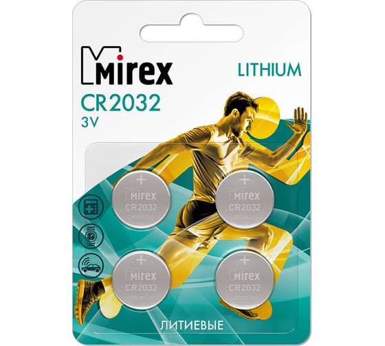 Батарейка Mirex CR2032-4BL Lithium (23702-CR2032-E4) 3В, (4/216/648)