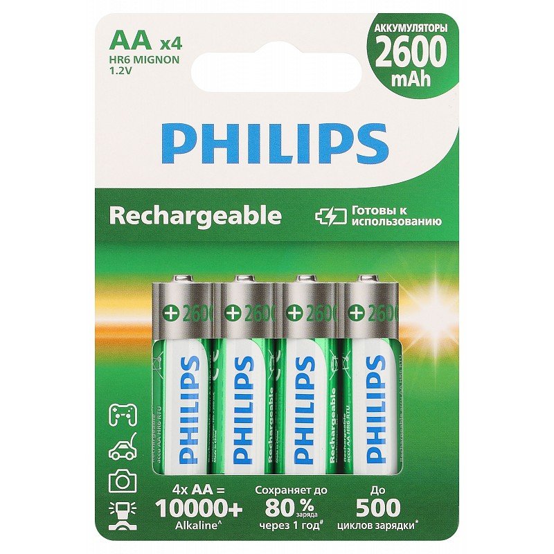 Аккумулятор PHILIPS NiMH (никель-металлгидридные) R6B4RTU260/51 АА 1,2v HR6 4BL 2600mAh (4/48/192/13824)