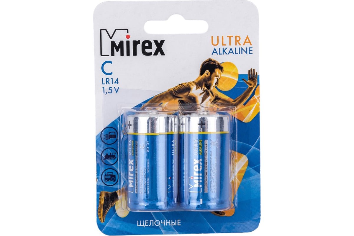 Элемент питания Mirex LR14 (C) 1.5V алкалиновая батарейка, 2 шт., ecopack