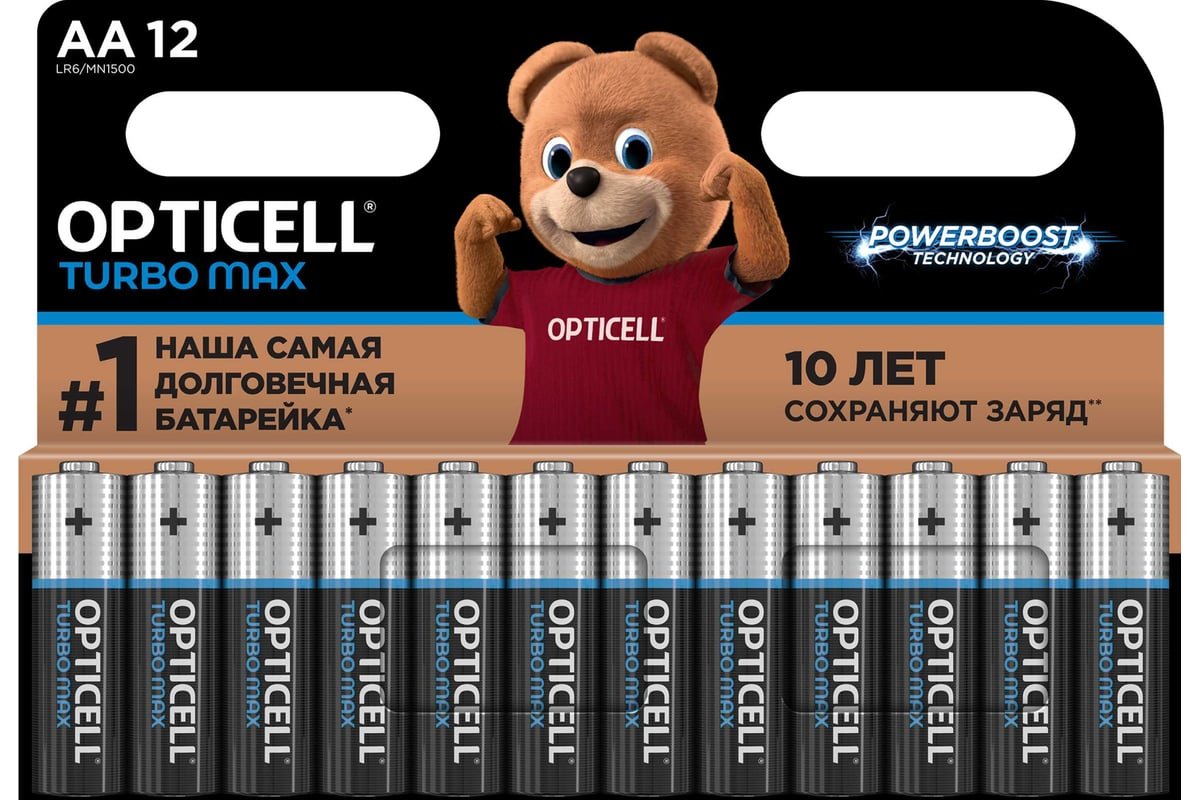 Батарейки OPTICELL TURBO MAX LR6 AA щелочные 1,5 В, 12 шт (блистер)
