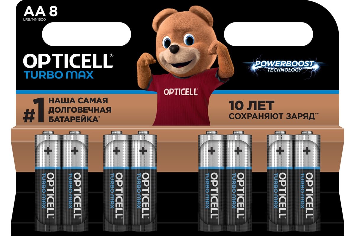Батарейки OPTICELL TURBO MAX LR6 AA щелочные 1,5 В, 8 шт (блистер)